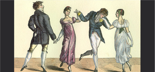 Illustration of four Regency dancers.