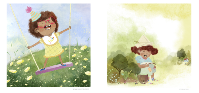 two watercolor paintings, one showing a brown skinned girl wearing a yellow dress and party hat on a swing, the other showing a little girl with brown skin wearing a paper hat and reading a book