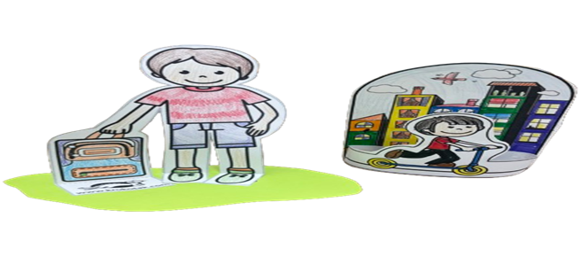 A paper craft of a boy with backpack and boy scootering 