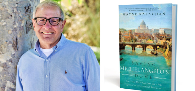 a photo of author wayne kalayjian next to a photo of his book saving michelangelo's dome