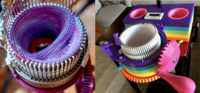 Two pictures of circular knitting machines. 