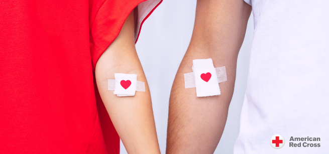 arms depicting bandages with red cross logo