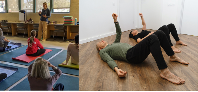 Various images of students in feldenkrais classes.