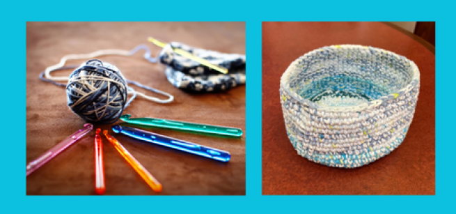 on the left, a picture of yarn, needles and crochet project; on the right a crochet bowl