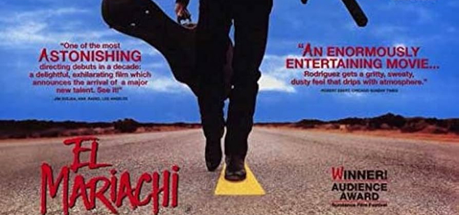 man with guitar case and a gun walking on the road