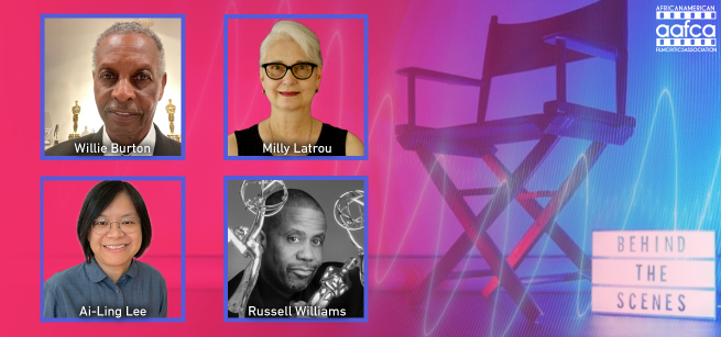 Director's Chair and Photos of the Panelists: Willie Burton, Milly Latrou, Ai-Ling Lee and Russell Williams