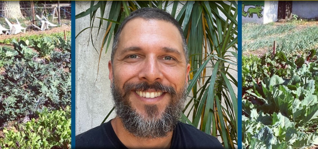 Farmer Elliott Kuhn and green plants.