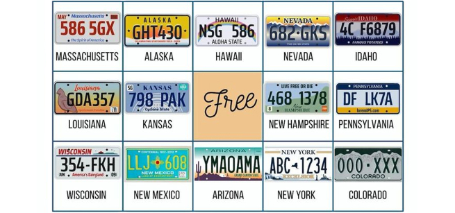 license plate Bingo card