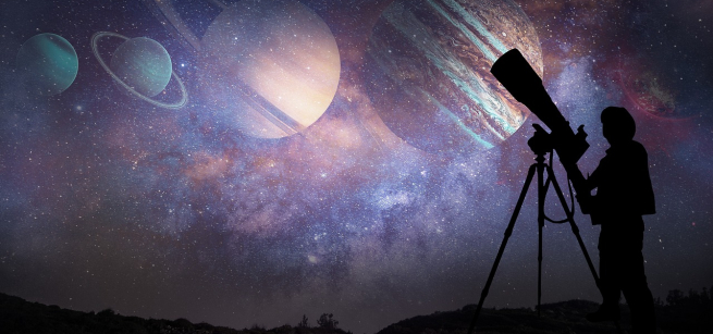 telescope backlight with night sky and planets