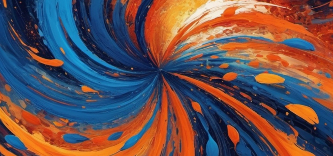 Abstract representation of the intertwining of misinformation with truth. Swirling blue and orange lines. 