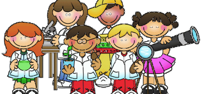 Clip art of children standing and holding science props