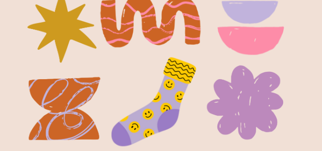 An image of a purple sock with yellow smiley faces next to different colored shapes and squiggles