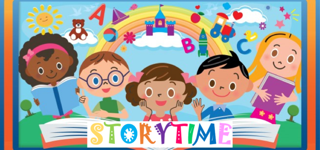 illustration with five children and a storytime banner.