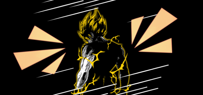 black background with Son Gaku standing looking down with lines of movement around him