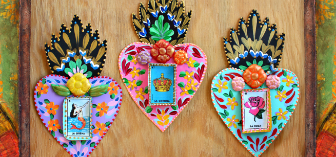 mexican craft, hearts, colorful folk art 