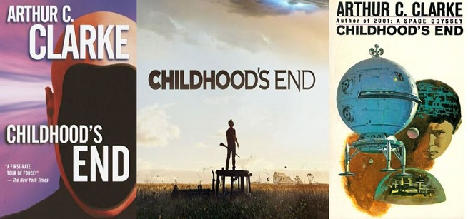 Book Covers of Childhood's End and a picture of a man holding a gun in a field.