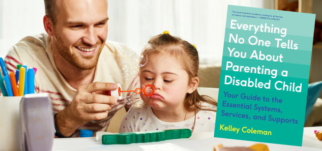 child blows bubble with adult, cover of Kelley Coleman's book next to it