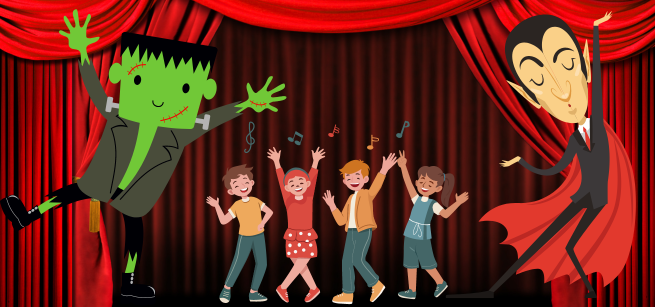 Children and Halloween characters dancing on stage