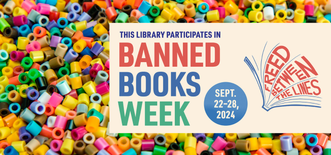 colorful fuse beads in background of banned books week web banner