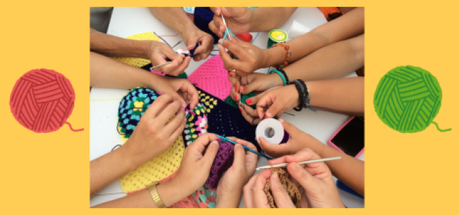 on the left, a picture of yarn, needles and crochet project; on the right a crochet bowl