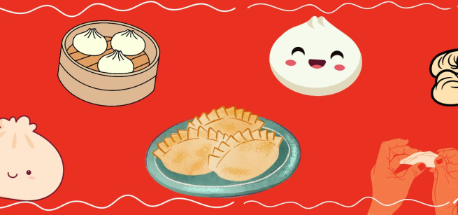 A red banner with images of various illustrated cartoon dumplings.