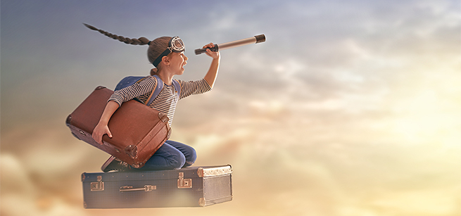 girl flying on suitcase