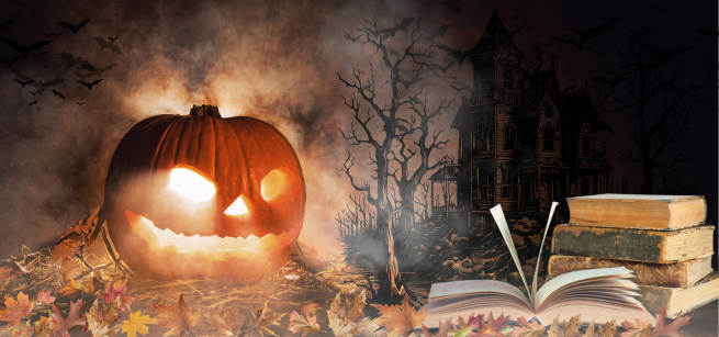 A jack o Lantern overlooks books with a haunted house in the background