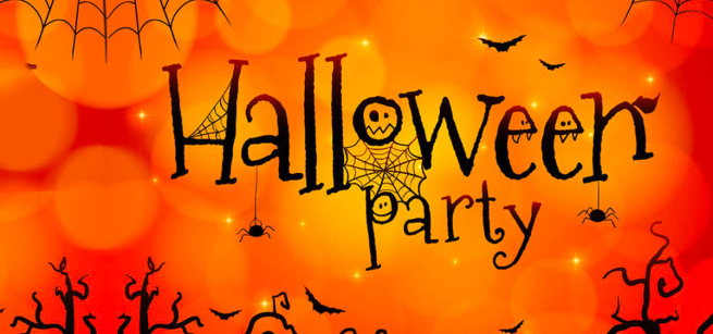 graphic text in orange and black that reads halloween party