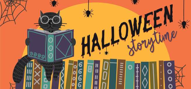 cat reading a book and text that reads halloween storytime