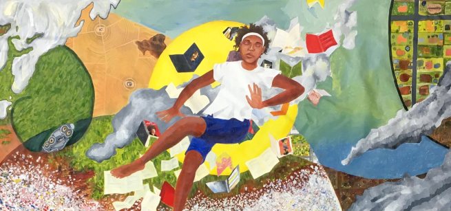 A colorful mural shows a young person floating in the sky with books.