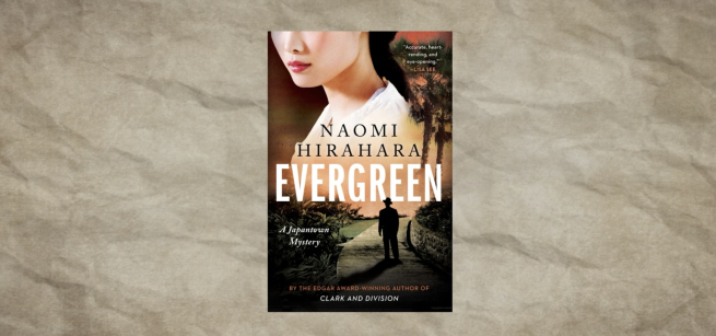 the cover of the book Evergreen by Naomi Hirahara that has a picture of a Japanese women in profile and a man walking along a path.