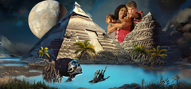 spooky pyramids and a skeleton with two people looking on scared