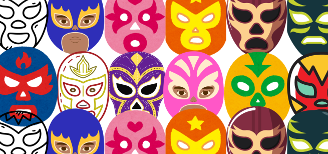 Multiple layers images of lucha libre masks overlapping in rows