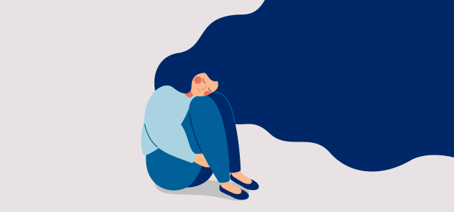 illustration of a seated female with a big blue plume of hair