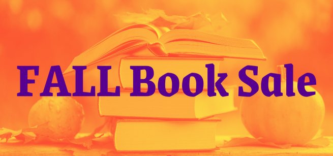 Fall Book Sale over a background of stacked books and pumpkins