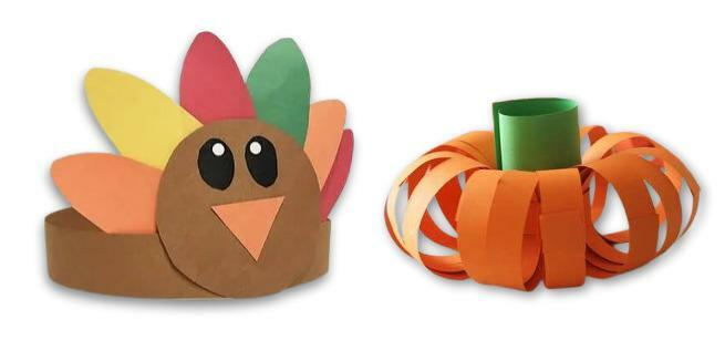 A paper turkey headband and paper pumpkin 