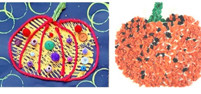 pumpkin painting with yarn, tissue paper pumpkin