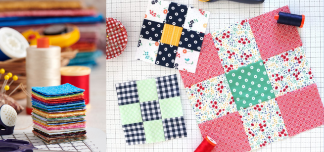 Pictures of 9 square blocks and sewing supplies. 