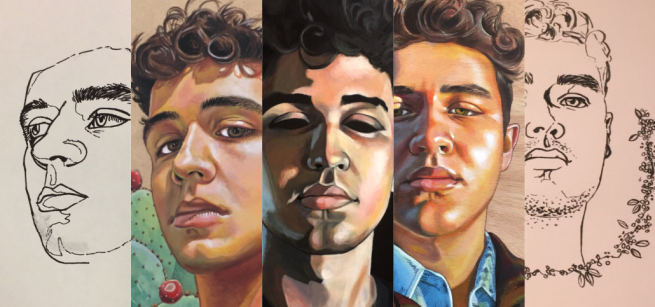 Five self-portraits of the same artist.