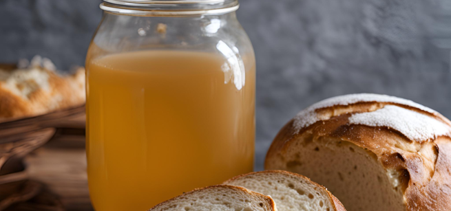 jar of kombucha with sliced sourdough boule