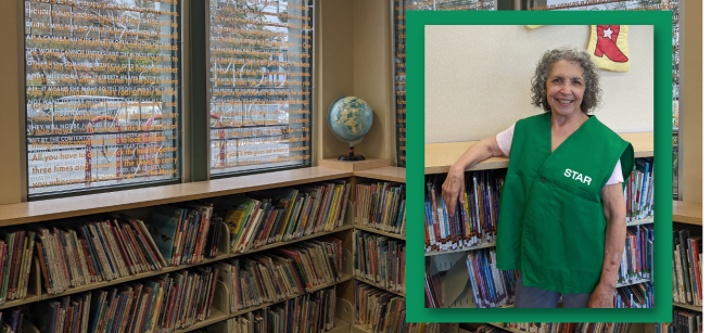 photo of the picture book shelves at the Palms-Rancho Park Branch, with an inset portrait photo of Sandra