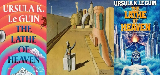 Book covers of The Lathe Of Heaven by Ursula K Le Guin and also a futuristic scene of a head and torso.