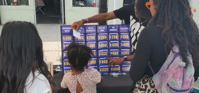 People joining the voter registration drive and voter jeopardy game w League of Women Voters