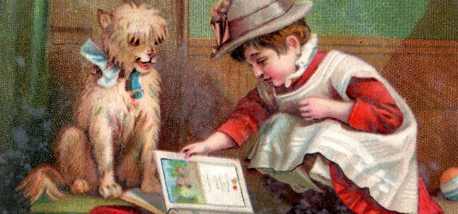 illustration of animal and child looking at book