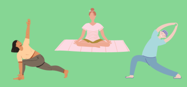 three drawn people in various yoga poses with green background