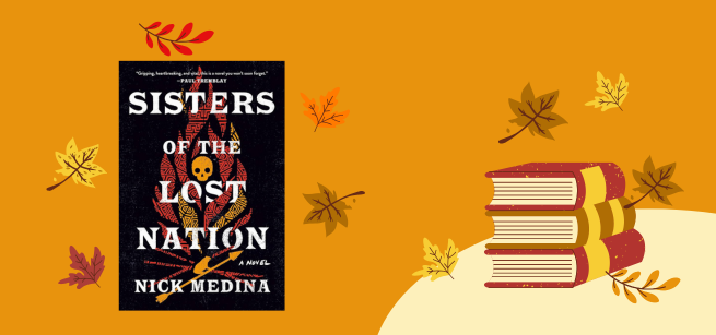 sisters of a lost nation book cover with fall themed book background