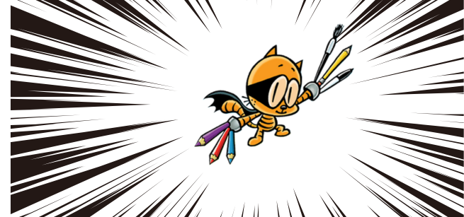 cat kid holding paintbrushes and flying through a comic book background