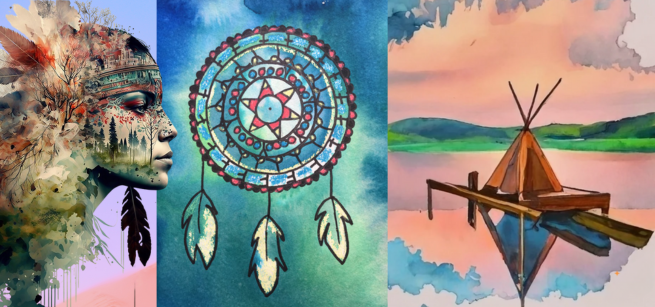 Native American styled watercolor artwork collage. 