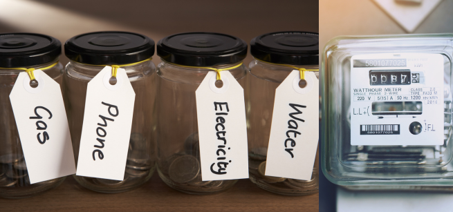 Picture of savings jars and a utilities meter