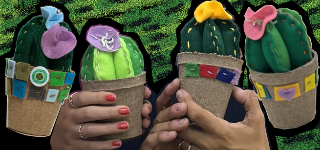 4 hand stiched cactus in pots